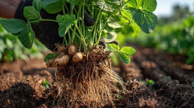 Agricultural scene of peanut harvest: uprooted plants, roots, pods, and soil in rows