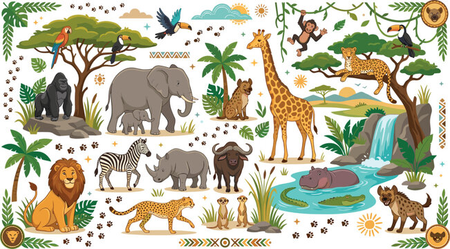 African safari wildlife vector set with cute cartoon jungle animals lion elephant giraffe leopard and nature elements