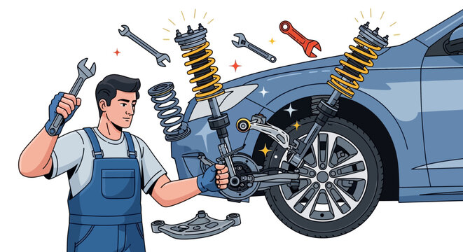 Mechanic repairing car suspension system with tools and parts.