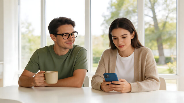 Man and woman sitting at table with phone and cup