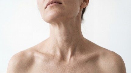 Naklejka premium A front close-up highlights the prominent collarbones and slender neck of a person against a bright backdrop, conveying a stark, raw feeling of fragility, exposure, and grace.