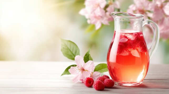 A picturesque scene featuring a jug of raspberry drink beside fresh raspberries and blossoming flowers