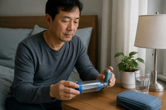 Middle aged adult organizing asthma spacer for daily home care