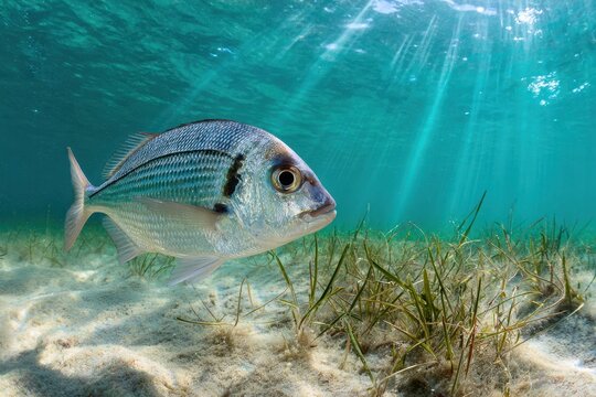 Calm coastal reef scene featuring a seabream in sunlit blue water