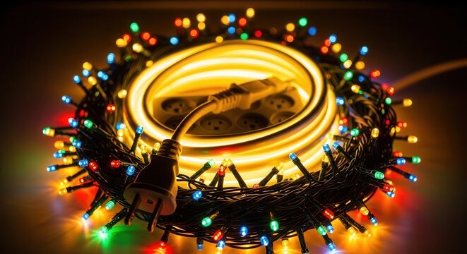 Colorful Christmas lights in a coil.