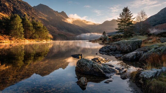 Dawn rays through a Welsh mountain pass above Llyn Gwynant, Snowdonia landscape with reflections on calm water