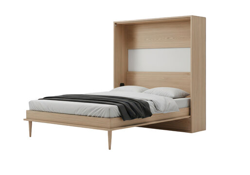 Minimalist wooden wall-mounted murphy bed in light oak finish isolated on transparent background