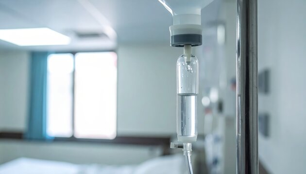 Close-up view of an intravenous IV drip bag filled with clear saline solution hanging from a medical pole in a hospital room
