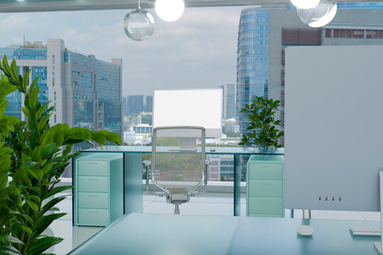3D urban workspace with plant decor and monitor mockup