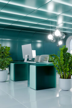3D futuristic office lighting above glass desk and plant