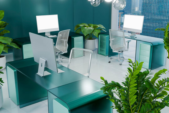 3D teal coworking office with glass desk and plant