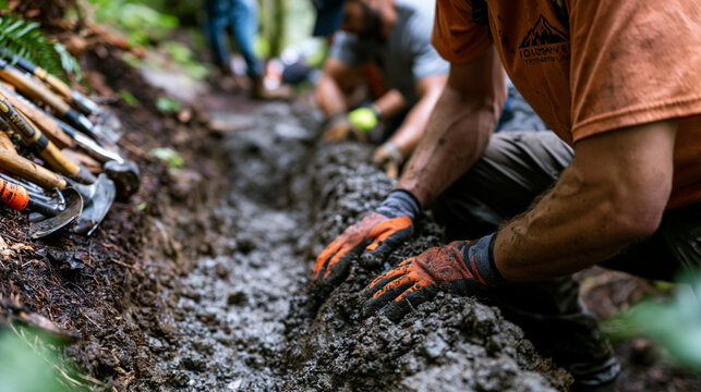 Trail maintenance volunteer team installing water bar drainage structure across muddy mountain path, hand tools stacked nearby, sweat-soaked work shirts and safety gloves visible as workers tamp com