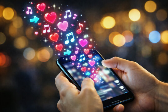 Smartphone held in two hands releases a stream of colorful musical note icons and hearts into the air against a dark bokeh background symbolizing the power of digital music sharing and connection.