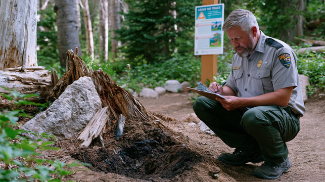 Wilderness ranger photographing compacted soil and fire ring damage at overused dispersed campsite, resource monitoring clipboard in hand, Leave No Trace educational signage visible at trail junctio