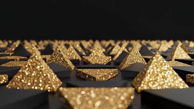 Abstract Golden Pyramids Glittering on Black Background Seamless Pattern Animation.