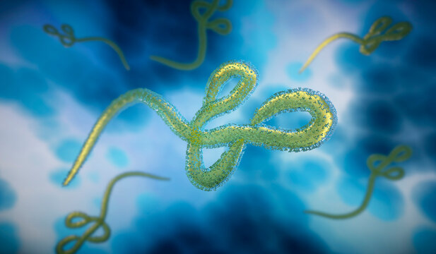 Medical 3d illustration of group of ebola virus, Microscopic 3D illustration of Ebola virus floating in a dark blue fluid environment