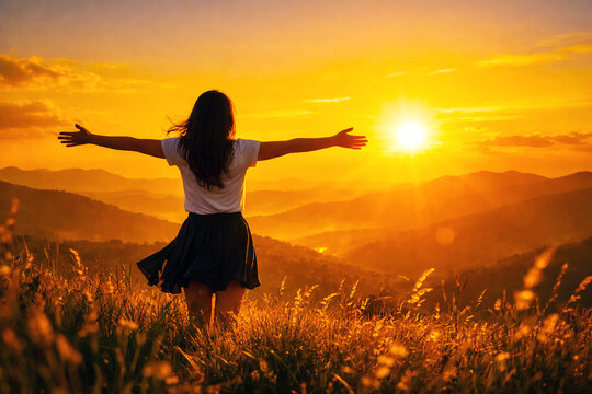 Woman stands with arms wide open in a grassy meadow while watching a golden sunset over the distant mountain range during a peaceful summer evening as nature glows with warm light and calm.