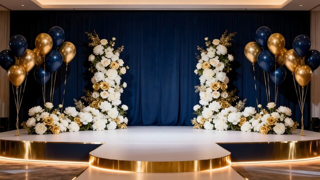 Elegant stage with floral decor and balloons