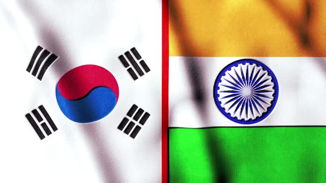 South Korea vs India Flags Waving Animation Loop for Geopolitical Concept.