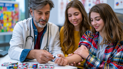 Fototapeta premium Endocrinologist demonstrating continuous glucose monitor sensor application technique to teenage diabetes patient and anxious parent, exam room counter holding multiple device options, educational p
