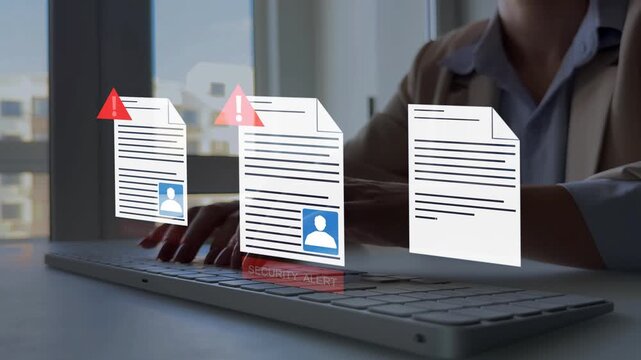 Cybersecurity and personal data hacking concept with hacker accessing confidential files, digital privacy breach, online fraud, identity theft and sensitive information security risk.