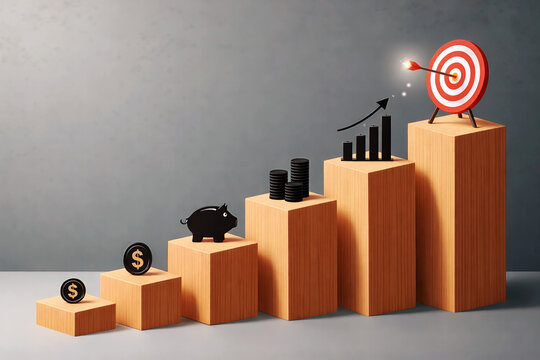 Staircase blocks arranged as a rising financial growth graph are topped with a red target board indicating that successful investment strategies will surely lead to long term profitability.