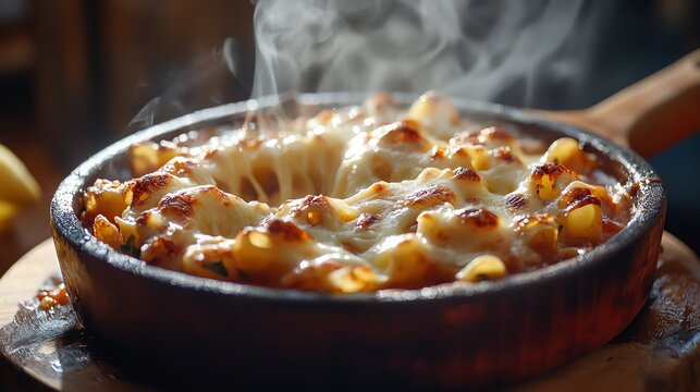 Delicious Marketing Delicious steaming cheese dish in a skillet. professional stock content marketing concept