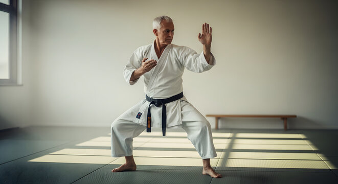 Elderly man practicing karate in dojo with focused expression  