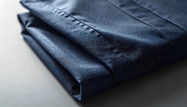 Close-up view of the dark blue fabric weave of a folded nurse's scrub top.