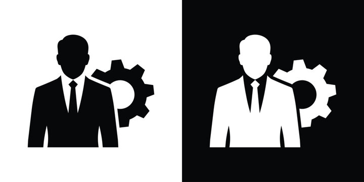 Corporate businessman icon with a gear wheel. Perfect for technical support, management, or business processing concepts.