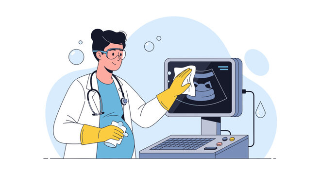 Doctor Cleaning Ultrasound Machine Screen with Baby Image