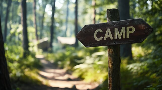 Forest Marketing Forest camping sign guiding outdoor adventure. professional stock content marketing concept