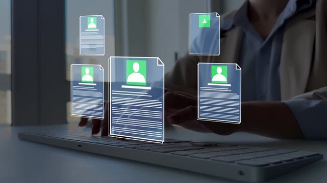 Concept of Human Resources ,election and online application screening process.Business professional reviewing digital CV on a laptop, analyzing candidate profiles for recruitment and hiring decisions.