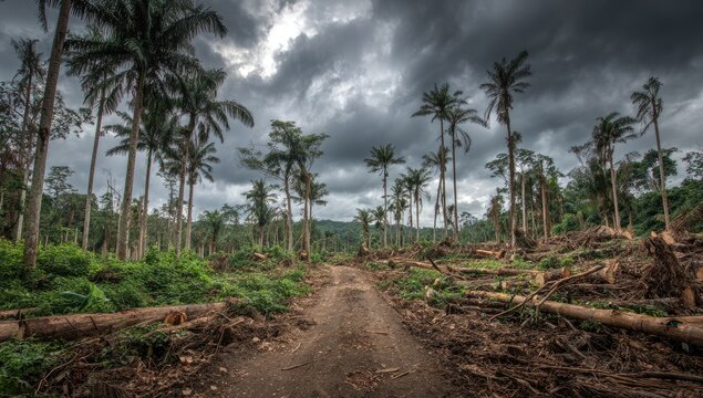 Dramatic storm clouds loom over a desolate path through a deforested jungle