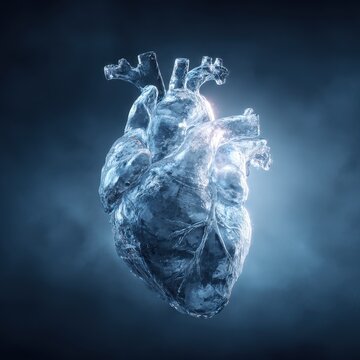 Frosted ice heart: hyperreal digital painting of a frozen heart with icy reflections