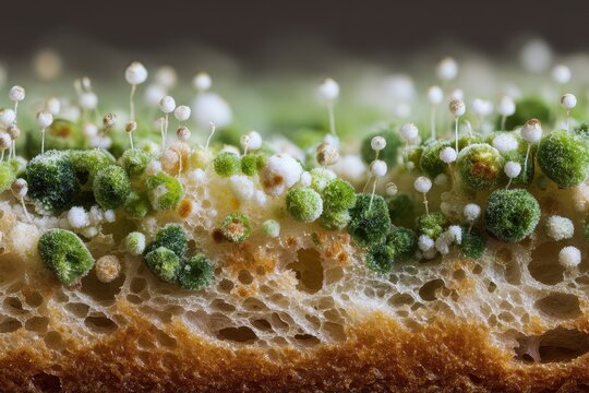 Fuzzy fungal colonies on bread surface showing gray-green mold and spore-bearing structures