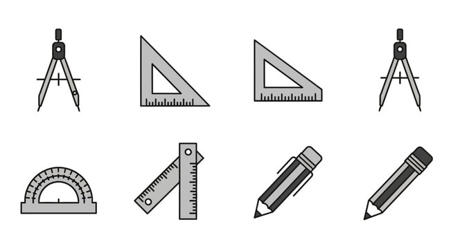 Geometric tools illustrations compasses triangles rulers pencils on white