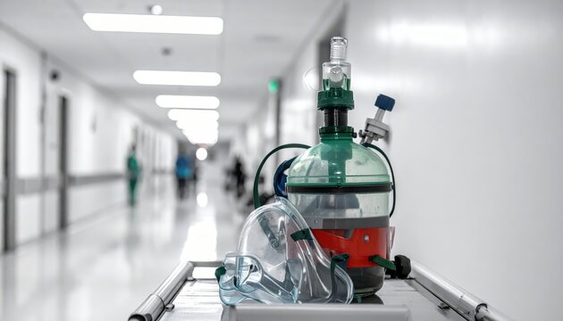 Emergency resuscitation equipment with a clear face mask resting on a hospital crash cart in a blurred corridor