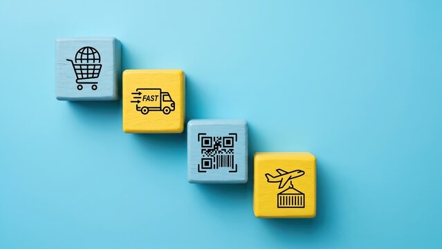 Painted balsa wood blocks with black icons illustrating global e-commerce logistics, delivery systems, and cross-border trade.