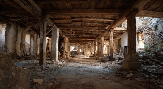 Interior of a sunlit, dilapidated abandoned building with wooden beams