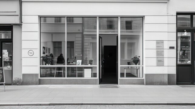 Empty storefront with glass windows; city street view; commercial space; potential for retail or office use