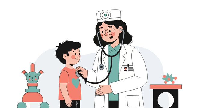 Doctor Checking Child&rsquo;s Health with Stethoscope - Medical Illustration