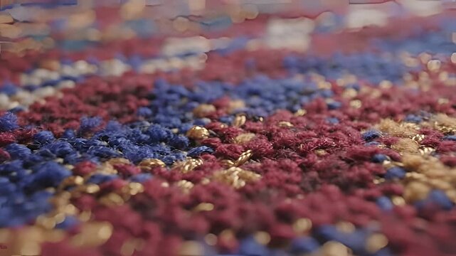 Closeup macro shot of colorful beads in a woven pattern.