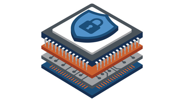 3d illustration of a cybersecurity chip with a shield and lock icon on top representing digital security data protection encryption cyber defense technology network security hardware