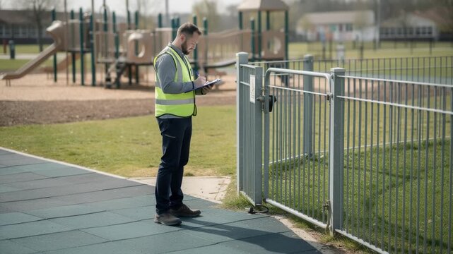 Safety specialist at a school playground assessing potential injury hazards with clear attention on protective surface materials and fencing.