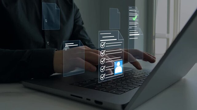 Concept of Human Resources ,election and online application screening process.Business professional reviewing digital CV on a laptop, analyzing candidate profiles for recruitment and hiring decisions.