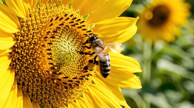 Closeup of a bee collecting nectar from a vibrant sunflower in sunlight.