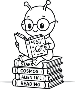 Cute Minimalist Alien Reading Book on Stack of Books Line Art Vector