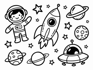 Naklejka premium Cute cartoon astronaut rocket planets and UFO hand-drawn doodle illustration for childrens space exploration theme isolated on white