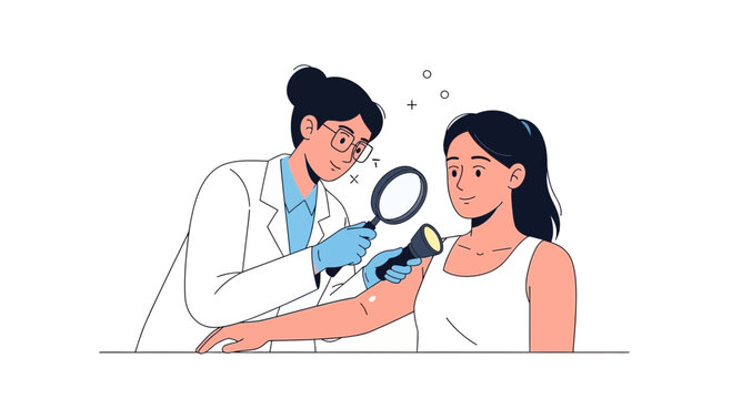 Dermatologist examining skin with magnifying glass and light | Medical Illustration